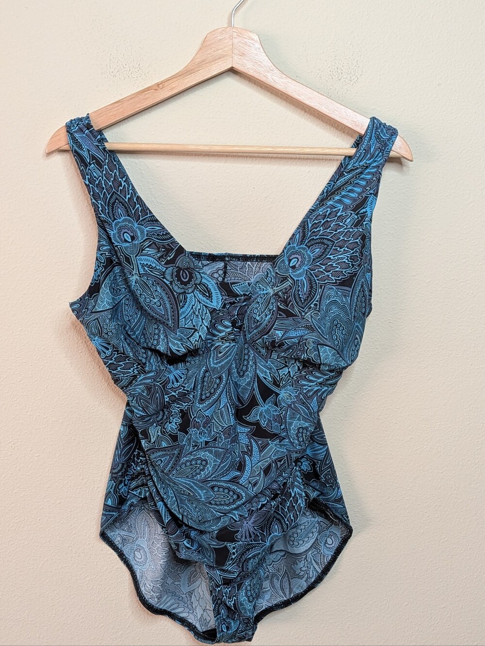 Lands' End One Piece Swimsuit Blue Paisley Floral Ruched Size 14